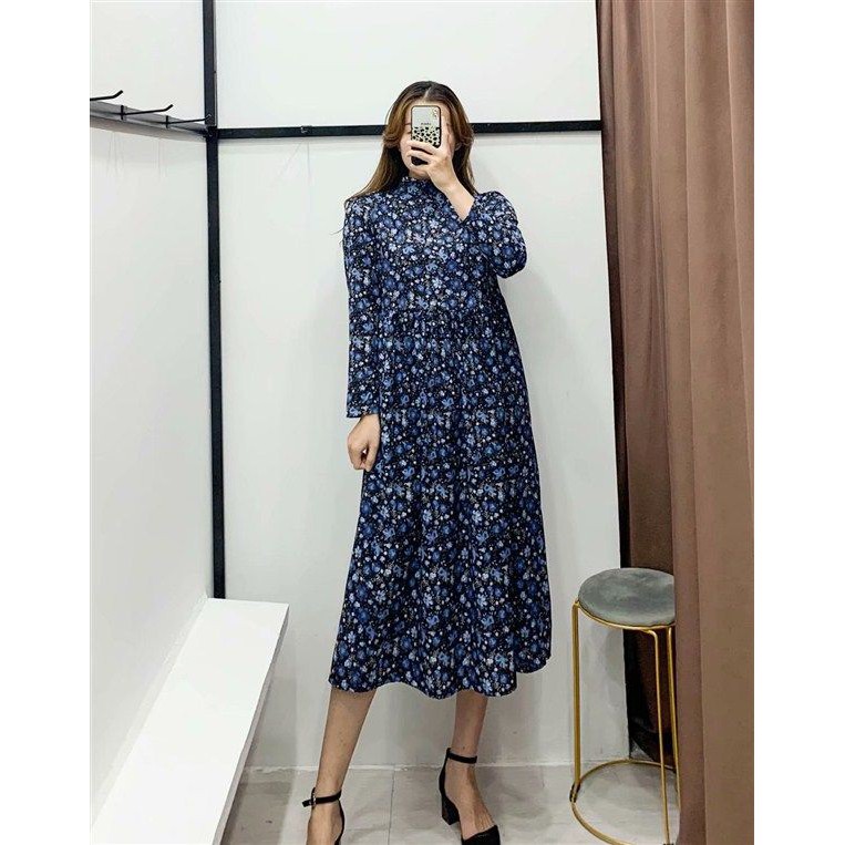 MIDI DRESS BUNGA BIRU IMPORT RH29430 / FLOWER DRESS KOREA - SALE