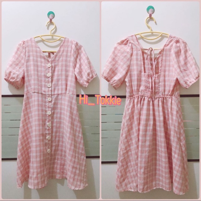 Dress Korea Kotak-Kotak Pink