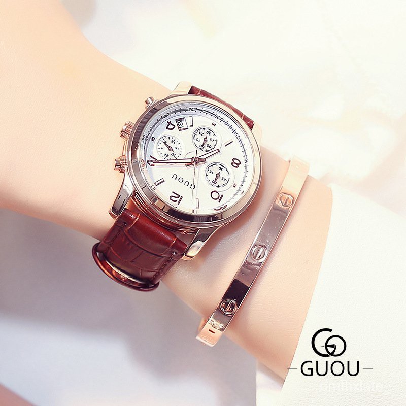 【Factory Outlet】GUOU Hong Kong Guou Jam Tangan Wanita Tiga Mata Multi-Fungsi Belt Klasik Retro Kasual Quartz Watch Wa