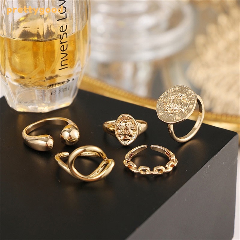 Prettygood5 Pcs/1Set Cincin Emas punk Aneka Bentuk Gaya Retro Korea Untuk Wanita -PD