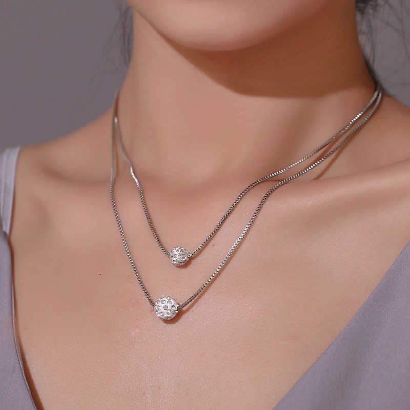 Kalung Ganda Rantai Liontin Bola Kristal Zircon Bahan Titanium Untuk Wanita