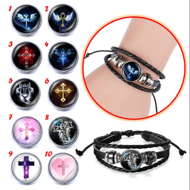 TERBARU! GELANG MOTIF SALIB JESUS ELEGAN KULIT KEPANG MULTILAYER