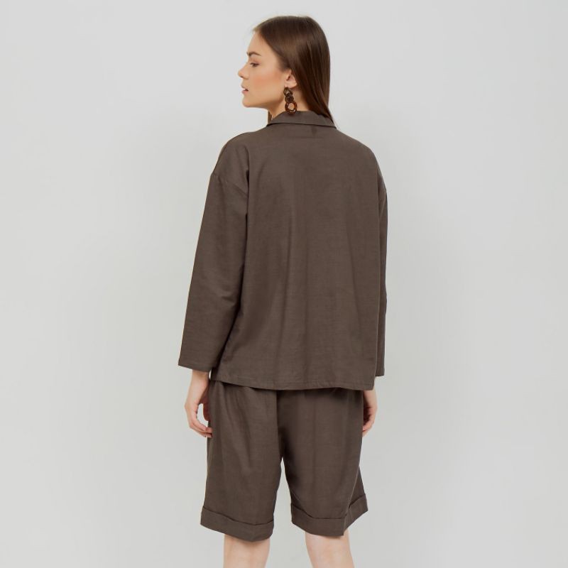 WFH Clothing Linen Elina Set Dark Chocolate - Setelan Korean Style Wanita-2