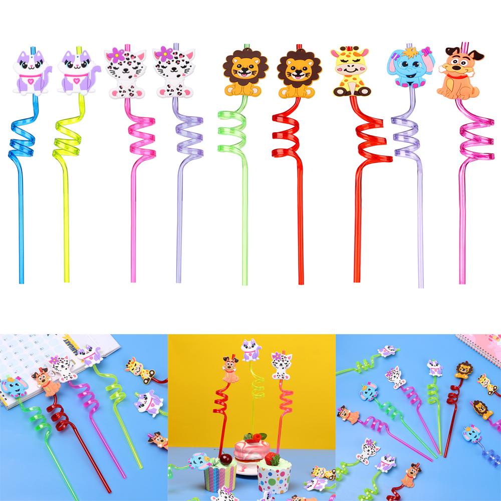 R-FLOWER 1 Pcs Sedotan Plastik Kartun Happy Birthday Perlengkapan Pesta Dekorasi Pesta Reusable