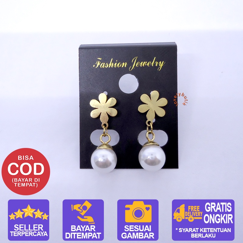 Lovelybutik - Anting Titanium Wanita Anti Karat  Love Flower Anting Tindik Titanium Wanita Gandulan Mutiara BONUS KOTA PERHIASAN [Emas]