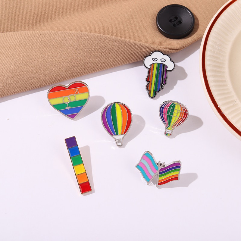 Rainbow Enamel Pins Hot Air Balloon Sky Clouds Flag Heart Brooch Lapel Badge Colorful Jewelry Gift for Friend