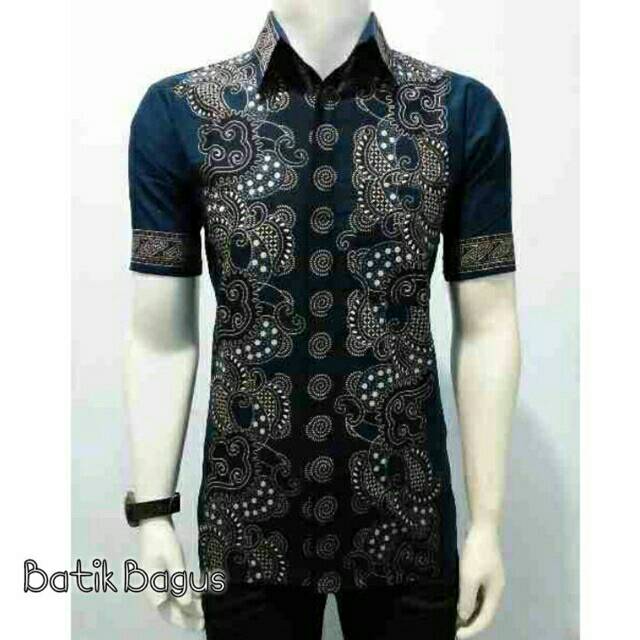 Risna Batik HRB026 kenongo kemeja hem pendek padi Pekalongan M L XL KEREN batik pria wajik biru mkx