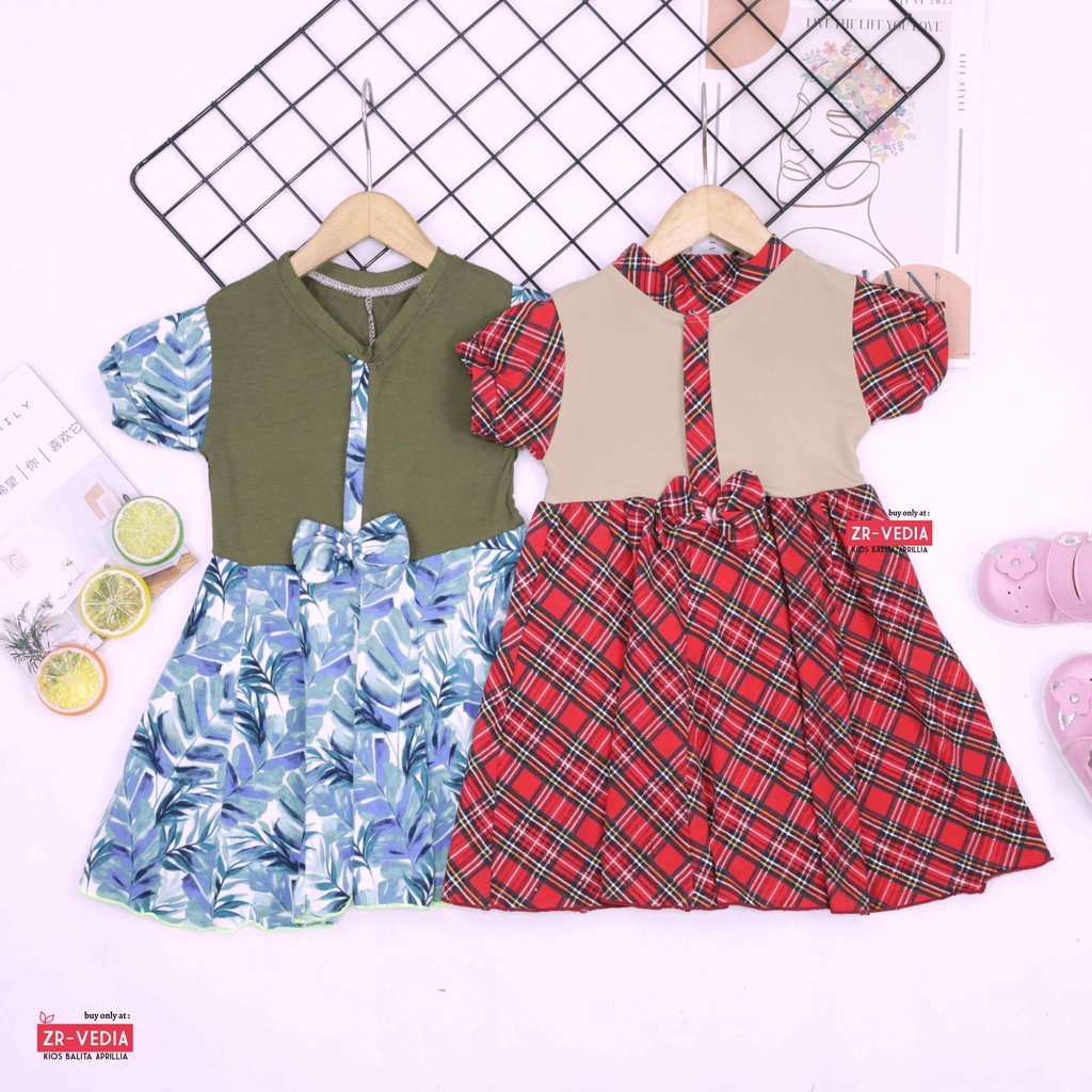 Dress Jasmine size 2-3 Tahun / Dres Balita Anak Perempuan Murah Baju Lengan Adem Pita Motif Grosir