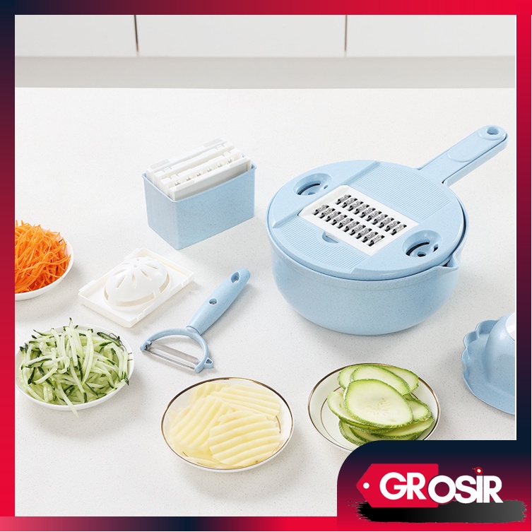 Grosir - H7001 Set Alat Parutan 12 in 1 / Mandoline Bulat / Alat Pengiris &amp; Pemotong Kentang Sayur