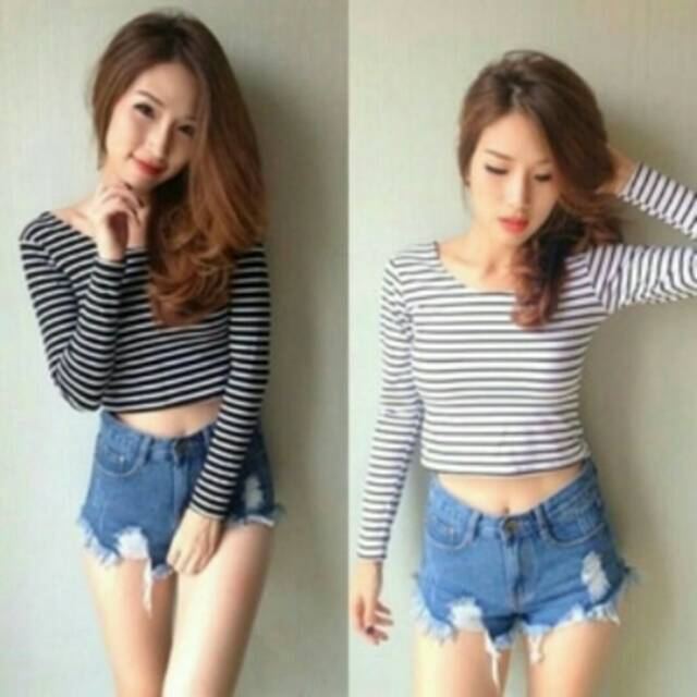 CROP XL TANGAN PANJANG/ STRIPE TEE / BAJU MURAH