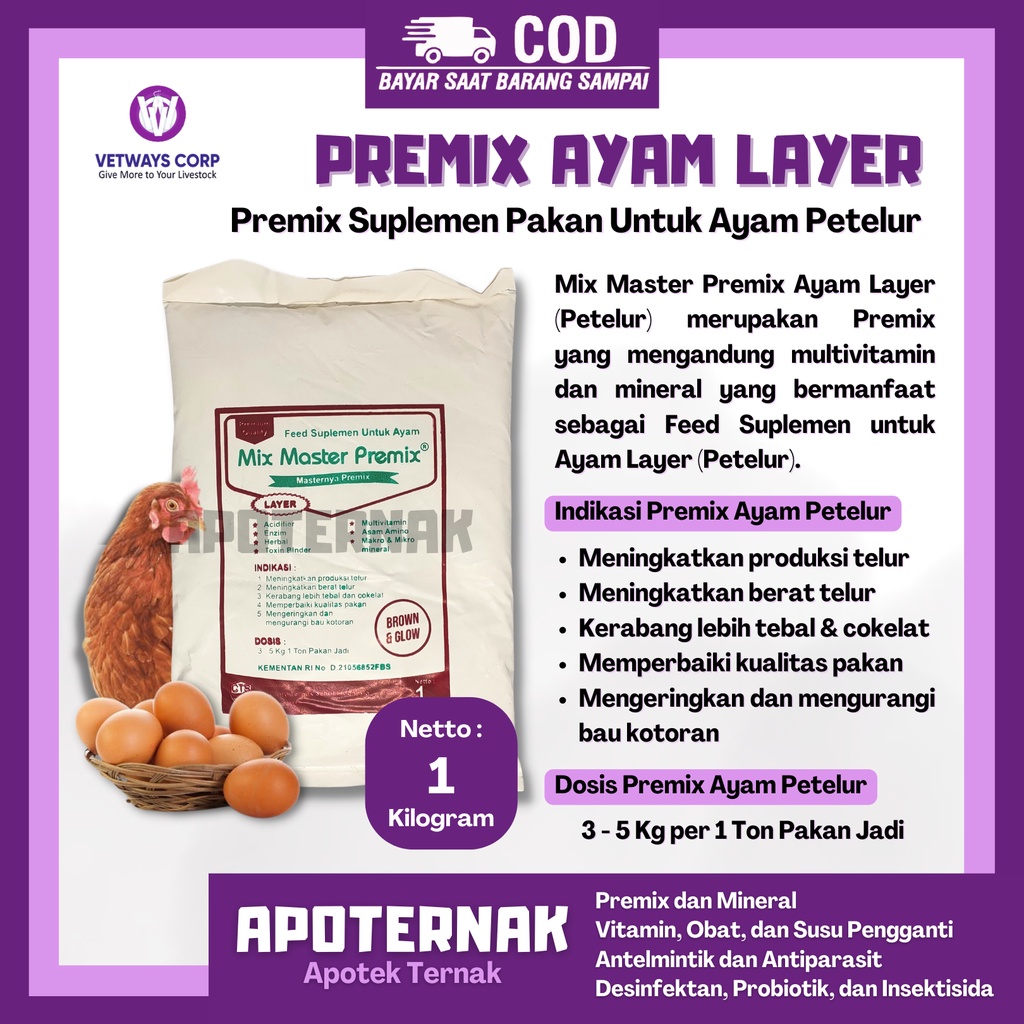 PREMIX AYAM PETELUR 1 KG I Pemacu Produksi &amp; Kualitas Telur | Suplemen Tambahan Pakan Ayam Petelur Ayam Layer | Apoternak