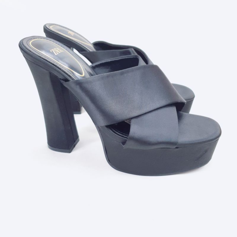 ZR Satin Cross Strap Block Heeled Sandal