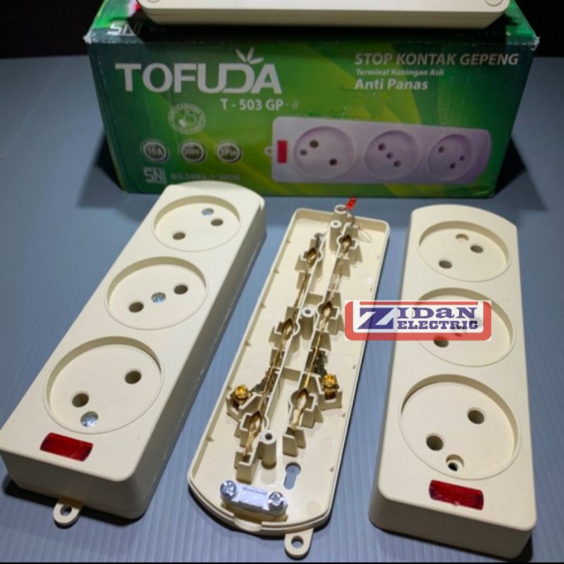 Stop Kontak Tipis / Gepeng 3 Lubang Terminal Kuningan + Lampu Indikator Tofuda