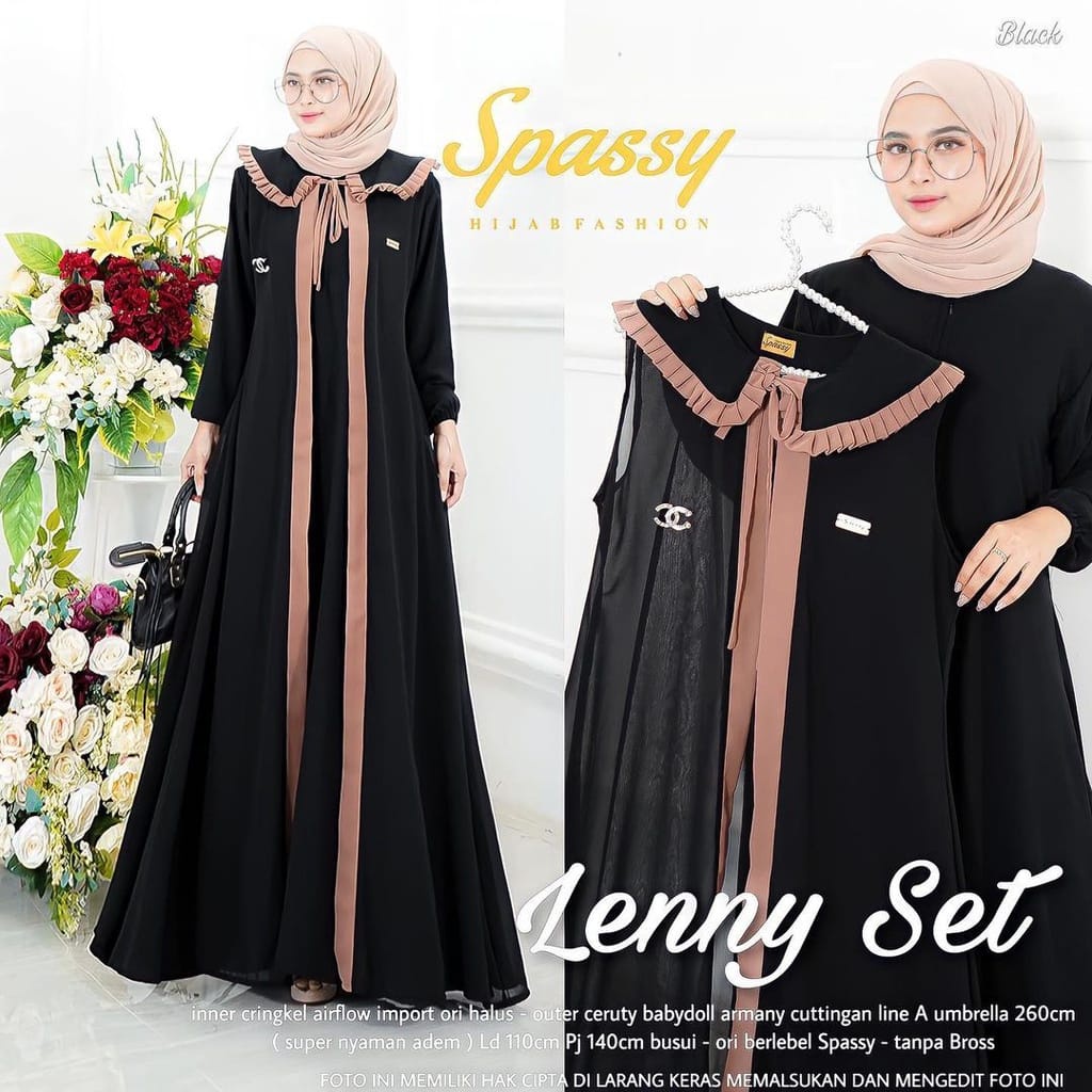 Baju Gamis wanita Lebaran Terbaru 2021 Kimiko Set Bahan Ceruty motif Polkadot M L Inner Dan Outer Bisa Di PisaH-black