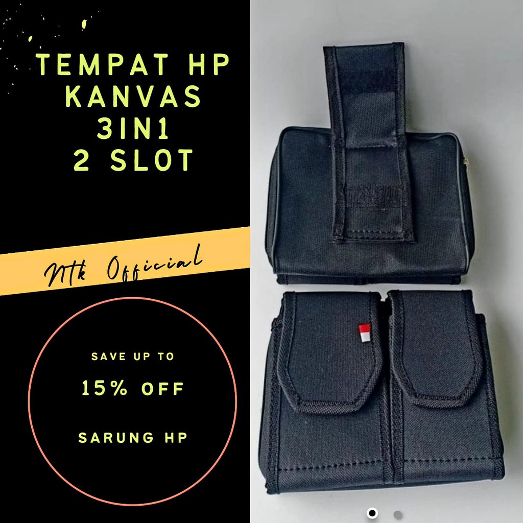 Sarung hp pinggang tempat 2 slot kanvas - hitam 3in1