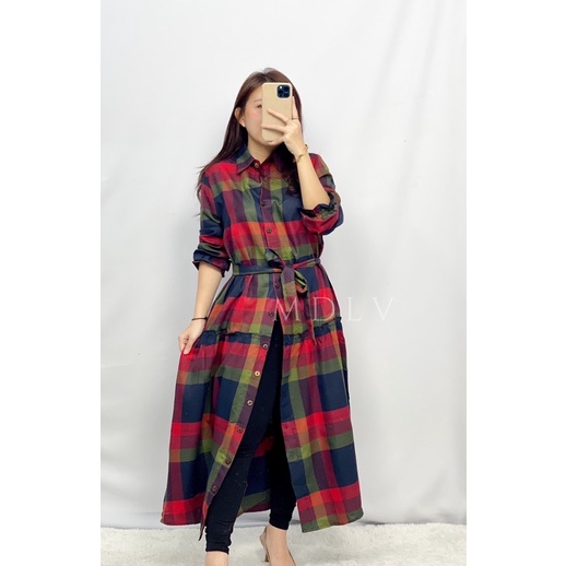 MDLV ~ 04430# Emma Plaid Shirt Dress Kotak Dress Maxi Fashion Import