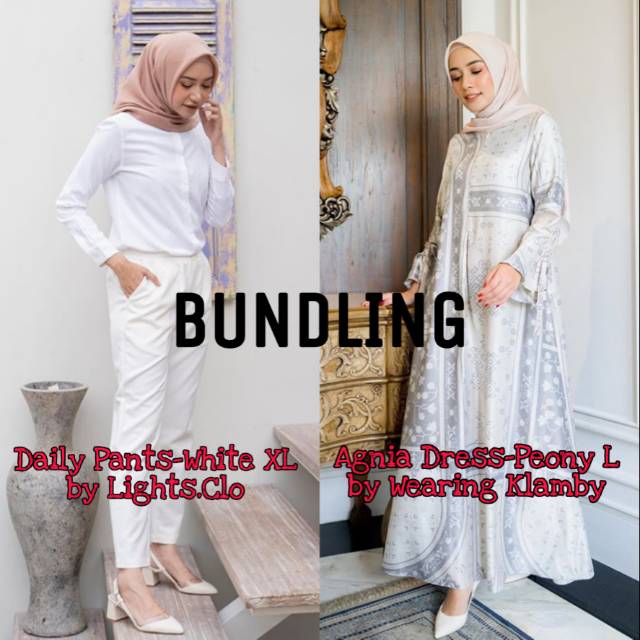 Agnia Dress in Peony size L by Wearing Klamby [WK] + Daily Pants White XL [ BUNDLING ]
