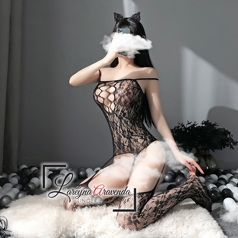 (COD) Lingerie One Piece Body Stocking Seksi Model Bee Flower LG404