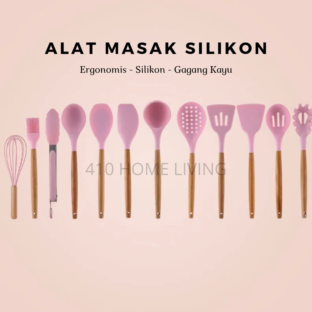 H✦ Danica Alat Masak Silikon Gagang Kayu Silicone Utensil Set