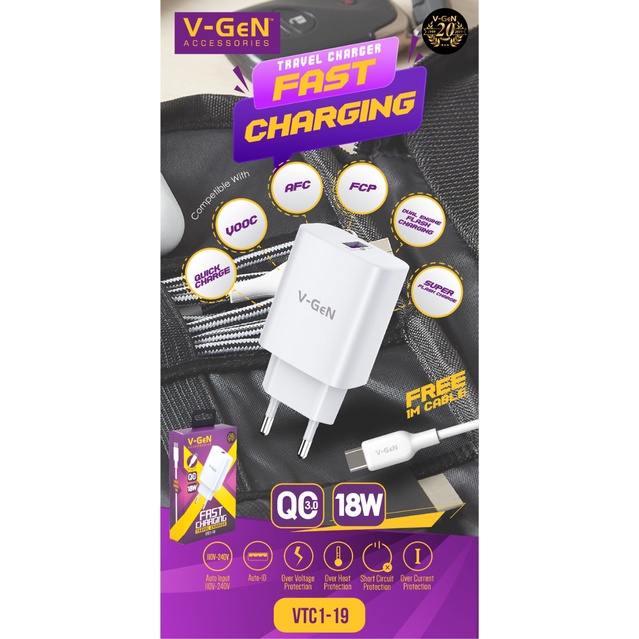 KHANZAACC VGEN VTC1-19 Travel Charger Single USB Port QC 3.0 18W Include Cable Type-C