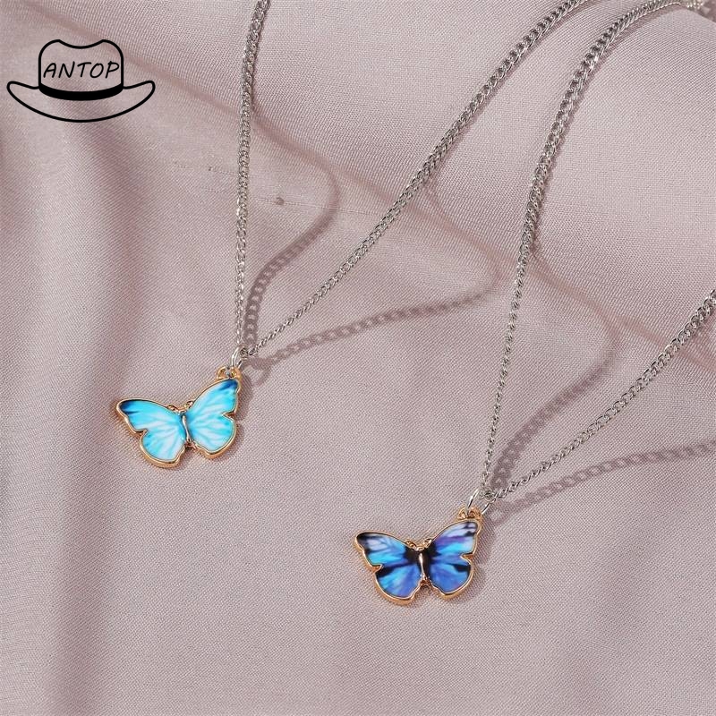 Antop！Kalung kupu-kupu biru keren gaya sederhana rantai klavikula, Fashion perhiasan