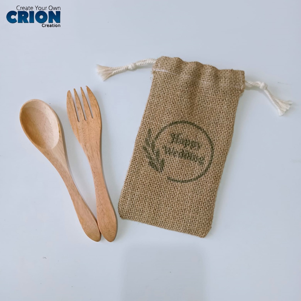 Wooden Cutlery - Sendok Garpu Kayu Set + Pouch Goni - Wedding Series