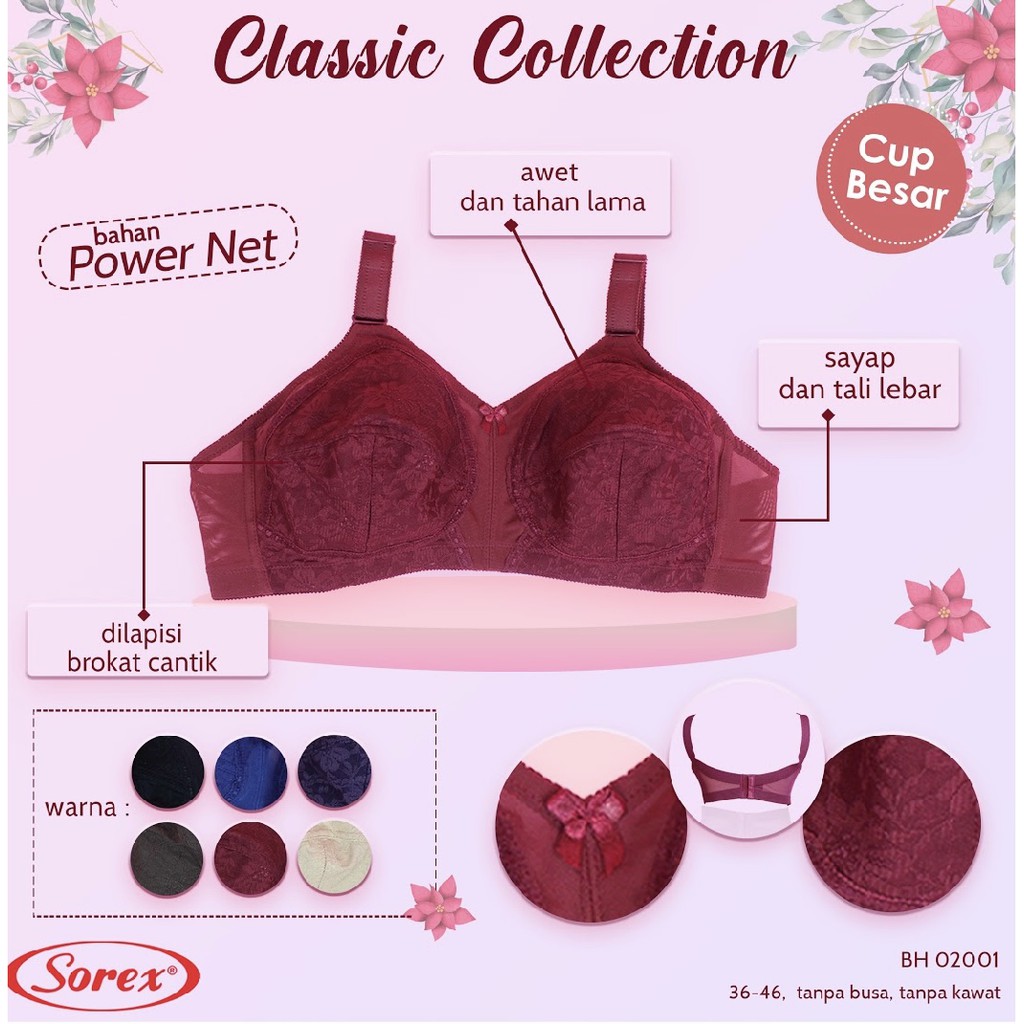 BRA SOREX CLASSIC BESAR TANPA KAWAT 02001 38 40 42 44 46 ( MODEL STRAITSISTER) BH TALI BESAR