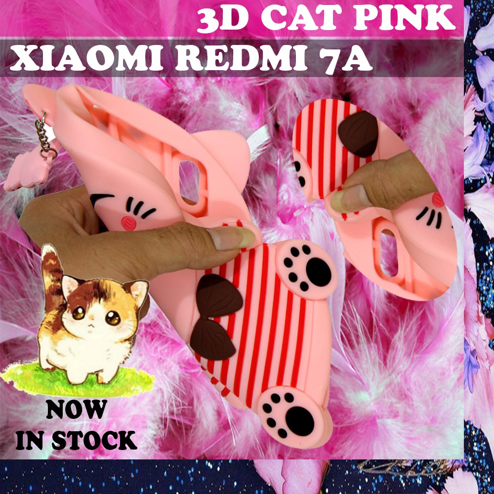 Case 3D Xiaomi Redmi 7A / Xiaomi Redmi Note 8 Pro / Xiaomi Redmi Note 8 / Xiaomi Redmi 7 / Xiaomi Redmi 8 / Xiaomi Redmi Note 7 / Xiaomi Mi A2 Lite / Xiaomi Redmi 6 Pro / Oppo A9 2020 Cat Pink Stripes Silikon 3D Baju Garis Merah Cute Case Karakter - Pink