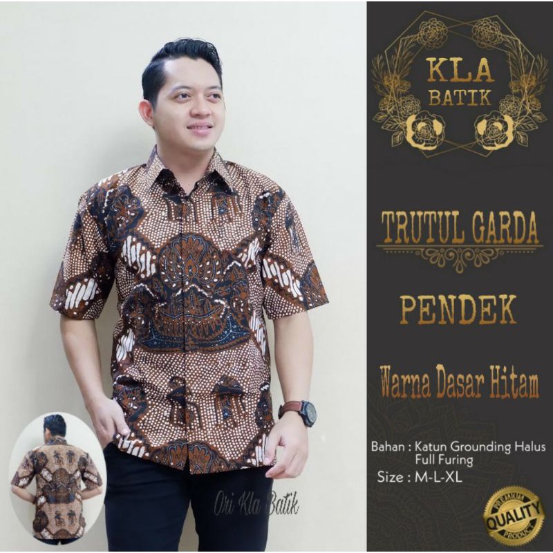 Hem Batik Lengan Pendek Pria TRUTUL GARDA PENDEK Warna Dasar Hitam Bahan Katun Halus Full Furing