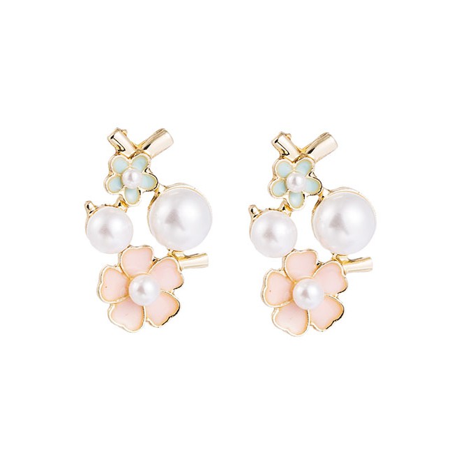 LRC Anting Tusuk Fashion Pink Dripping Pearl Flower Hollow Alloy Earrings D94298