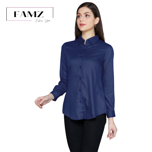 KEMEJA BIRU WANITA EXCLUSIVE KEMEJA POLOS BASIC LENGAN PANJANG - NAVY