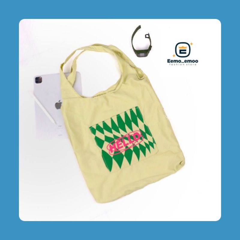 TOTEBAG Sablon HELLO Korean Style Tote Bag Canvas Kekinian Murah EMOEMO