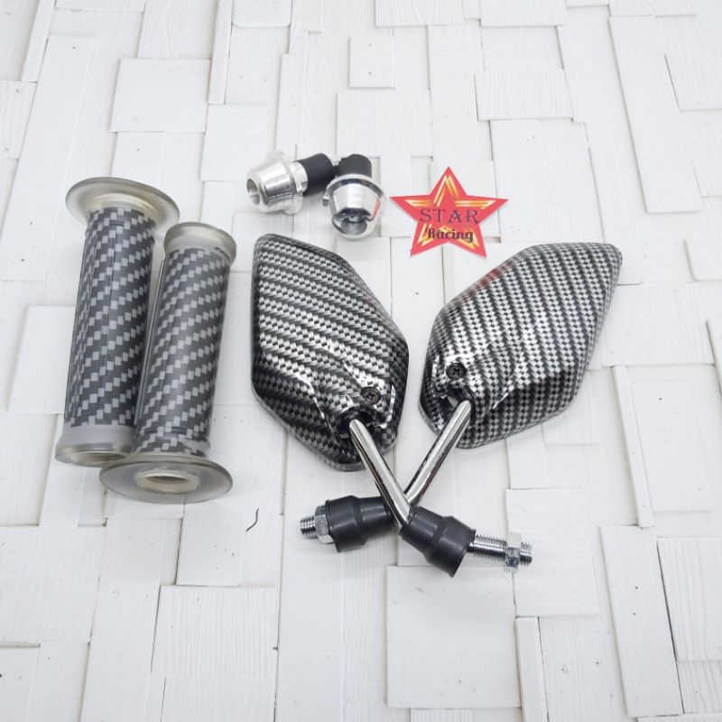 spion Jupiter carbon mini tangkai chrome+handgrip Carbon+Jalu stang Universal motor Yamaha