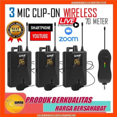 Microphone 3 Transmitter Mic Clip On Wireless UHF VLOG Smartphone HP Kamera Mirorrless