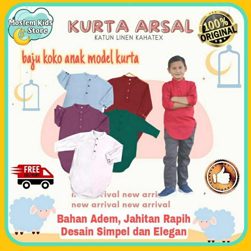 Moslem Kids Baju Koko Anak Laki-laki Kurta Anak Laki-laki Baju Muslim anak Murah Bahan Katun Linen K