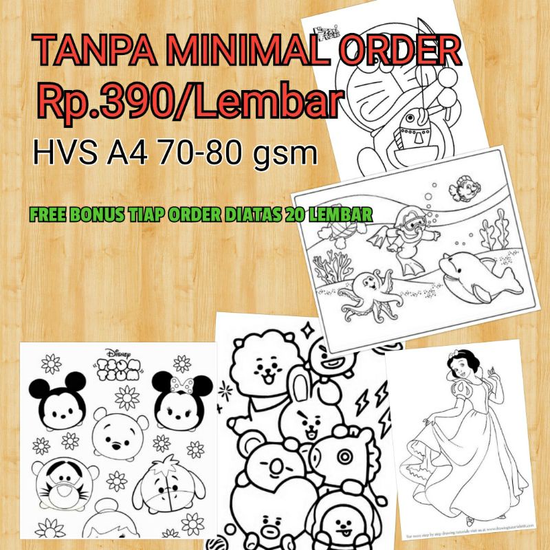 

(tanpa min order) KERTAS PRINT MEWARNAI ANAK HVS / HEWAN KARAKTER PEMANDANGAN KARTUN DLL - bukan buku