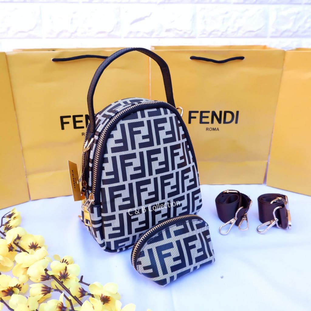 Tas Wanita Ransel Fendi Mini 2 Ruang Selempang Bahan Kanvas Free Pouch Murah