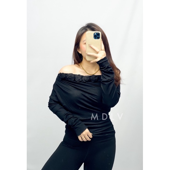 MDLV ~ 5921# Rosemary Asymmetric Off Shoulder Top Sabrina Rose Knit Import