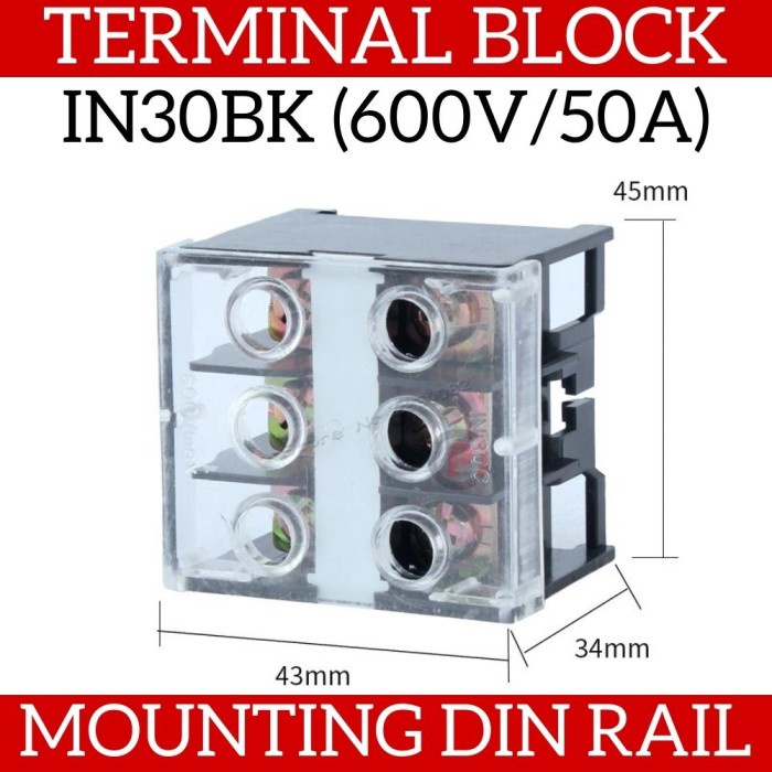 IN30BK Terminal Block Blok Listrik Mounting Din Rail 600V 50A 3 Pole