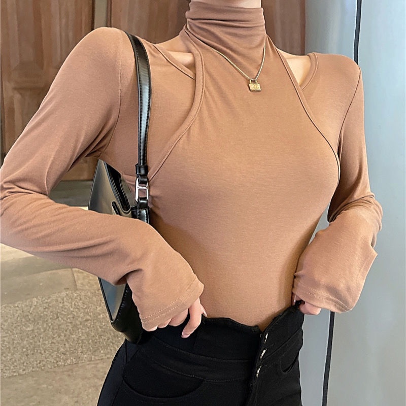 #Sisjuly# T-shirt ketat turtleneck kemeja bottoming hangat palsu dua