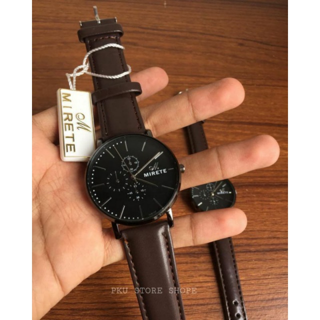 JAM MIRETE COUPLE PRIA WANITA ANTI AIR ORIGINAL TALI KULIT  WARNA HITAM, COKLAT TUA, COKLAT MUDA ELEGAN MEWAH FREE BATRAI CADANGAN_JAM TANGAN PRIA WANITA COUPLE TALI KULIT TAHAN AIR