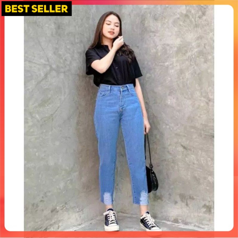 celana panjang jeans //celana jeans wanita//Celana jeans boyfrend sobek //celana jeans trend KULOT J