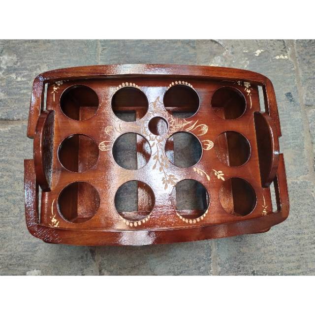 (BISA COD) TEMPAT AIR MINUM GELAS AQUA CUKIT DENGAN HANDLE BAHAN KAYU JATI UKURAN 35x18 cm