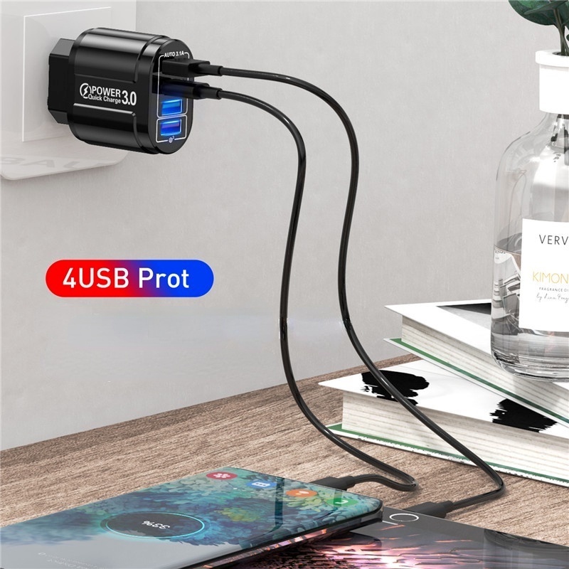 Adapter Charger Dinding 4 Port USB QC 3.0 Fast Charging Plug EU / US Portable Untuk Android / Travel