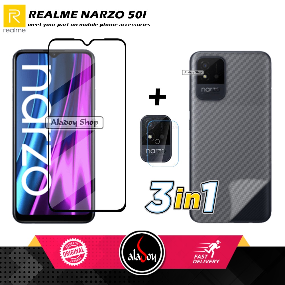 PAKET 3 IN 1 Tempered Glass Layar Realme Narzo 50I Free Tempered Glass Camera dan Skin Carbon