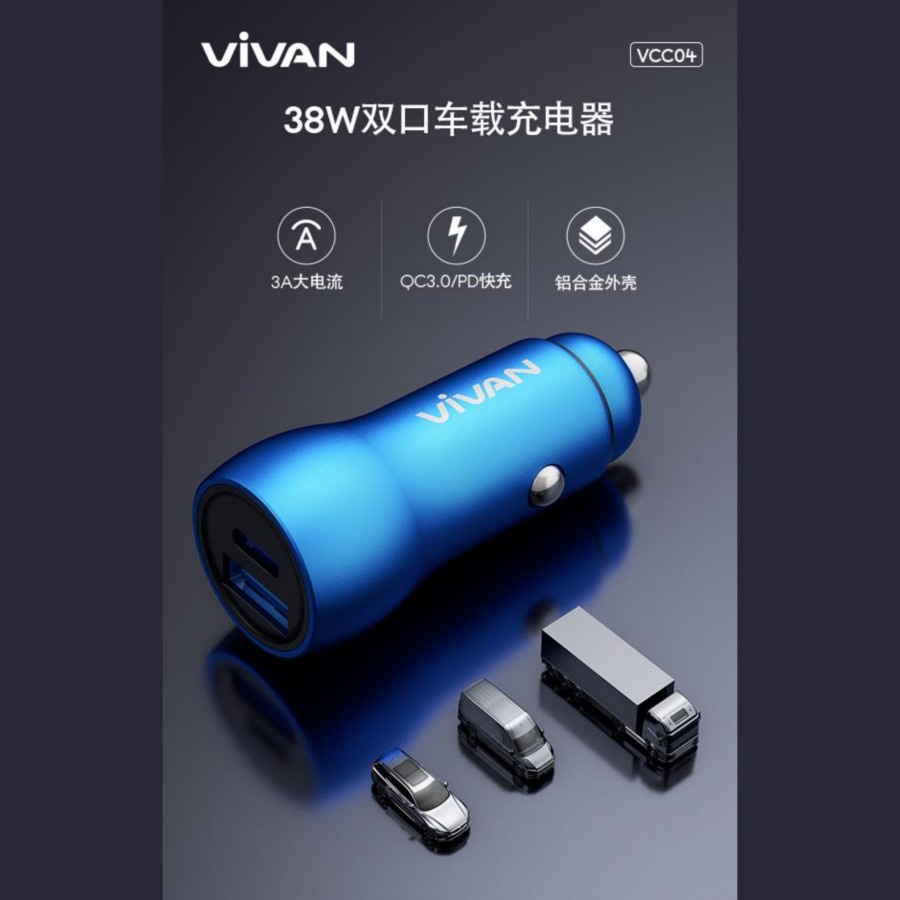 Vivan VCC04 Dual Port USB-C Fast Charging QC3.0 PD Car Charger Mobil original