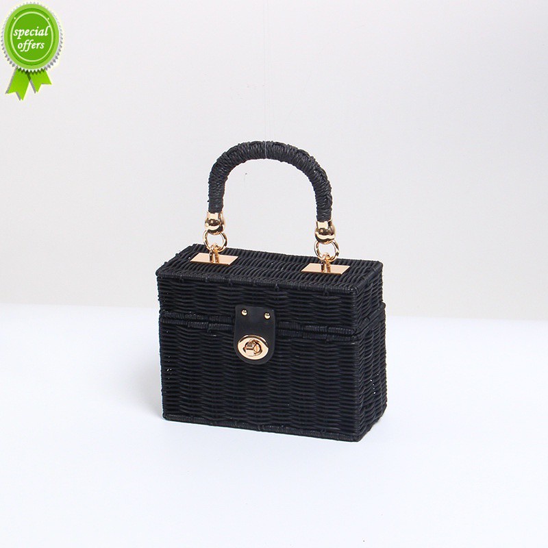 tas selempang  Tas jerami baru, Tas rotan, Tas pantai, Kotak kotak kecil hitam