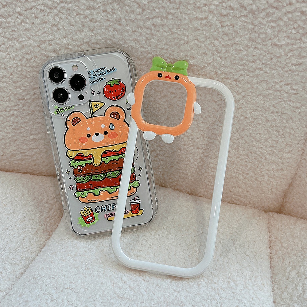 Case Pelindung 2 IN 1 Bahan Silikon Motif Kartun Beruang Hamburger 3D Untuk Iphone 14 11 12 13 PRO MAX