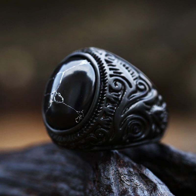 Cincin Pria Batu Pirus Hitam Kura Ring Retro Hitam All Black Kantoran