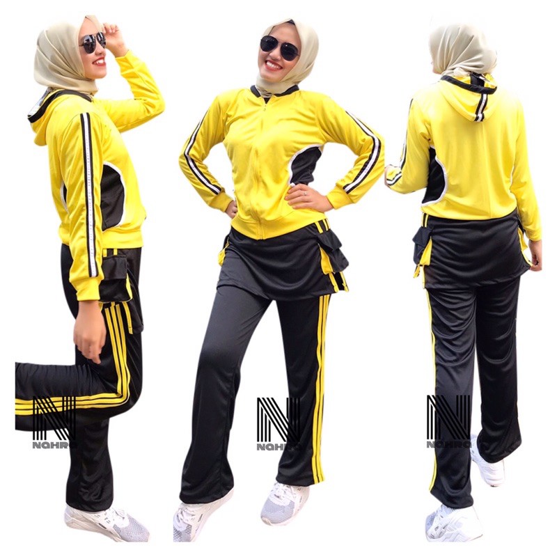 Setelan Baju  Senam Olahraga Kuning Hitam  Slim Rok 